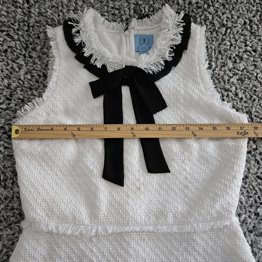 CeCe White Mini Dress Sz 6 M Tweed Sleeveless Black Bow Neck Tie Graduation - Picture 9 of 13